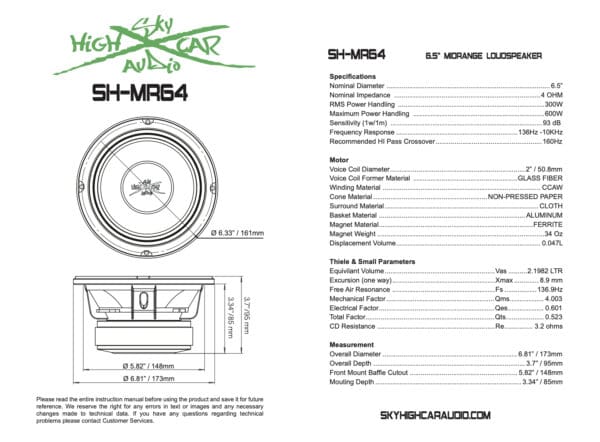 SHCA Pro Audio MR64 6.5" Midrange Midbass Speaker 600 Watts 4 ohm (Single) - Image 4