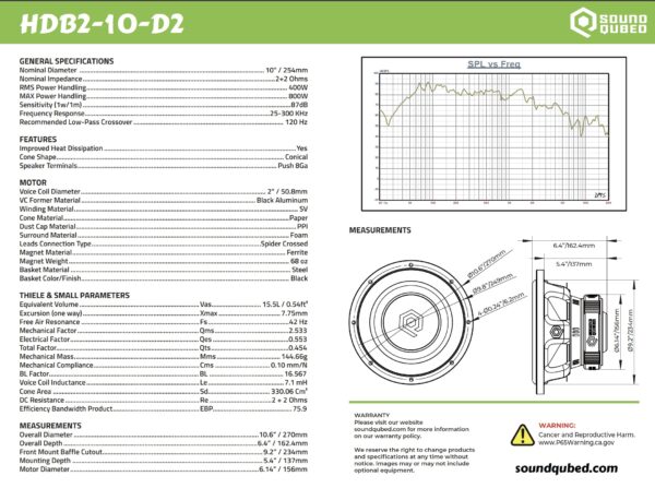 Soundqubed HDB2 Series Subwoofer 10 Inch 2.0" DVC 400w/800w D2 - Image 2