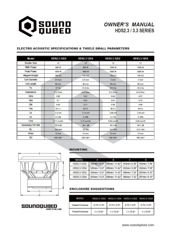 SoundQubed HDS2.3 Series Subwoofer 12 Inch 2.5" DVC 800w/1600w - Image 4