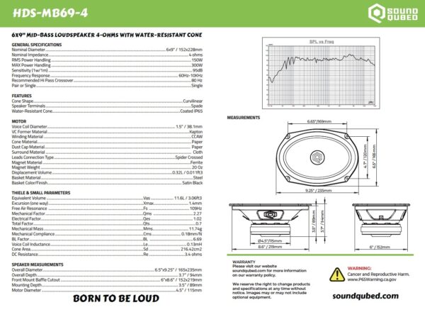 Soundqubed 6x9" HDS Series Midbass with Water Resistant Dome Cap - 1.5" 8 ohm Voice Coil SQ-HDS-MB69-8 - Image 2