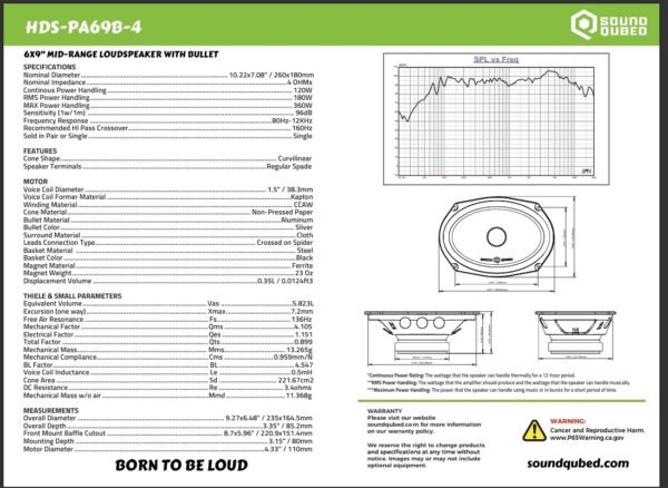 SoundQubed HDS Series 6X9” MID-RANGE LOUDSPEAKER WITH BULLET SQ-HDS-PA69B-4