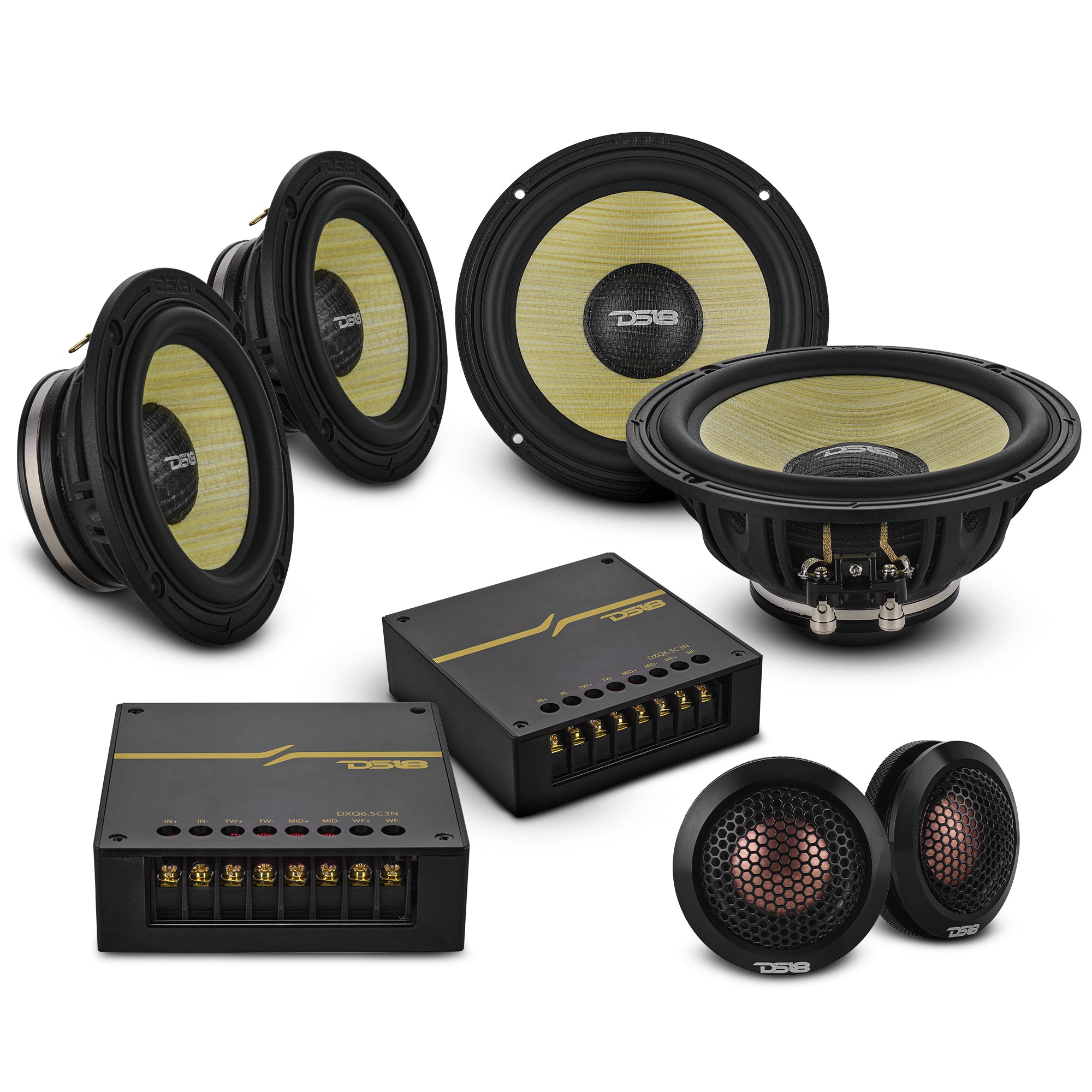 DS18 DXQ6C3N DXQ 6.5" 3-Way Component Speaker Set with Neodymium Magnet and Yellow Straw + Composite Foam Cone | 180W RMS 4-Ohm