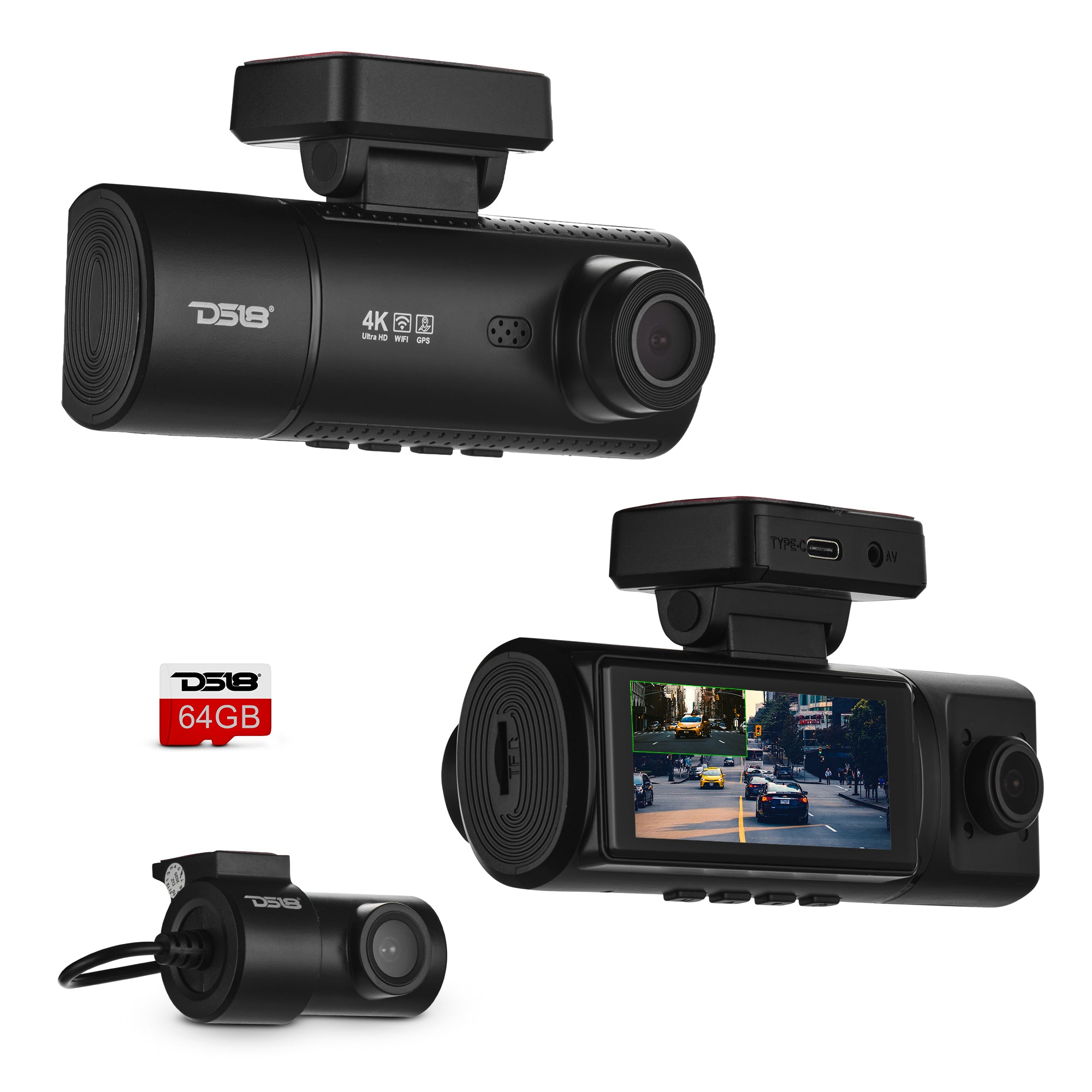 DS18 EAGLE-F3 4K Triple Dash Camera with Front, In-Cabin and Rear Cameras, Wi-Fi, GPS and 3.16” IPS Display