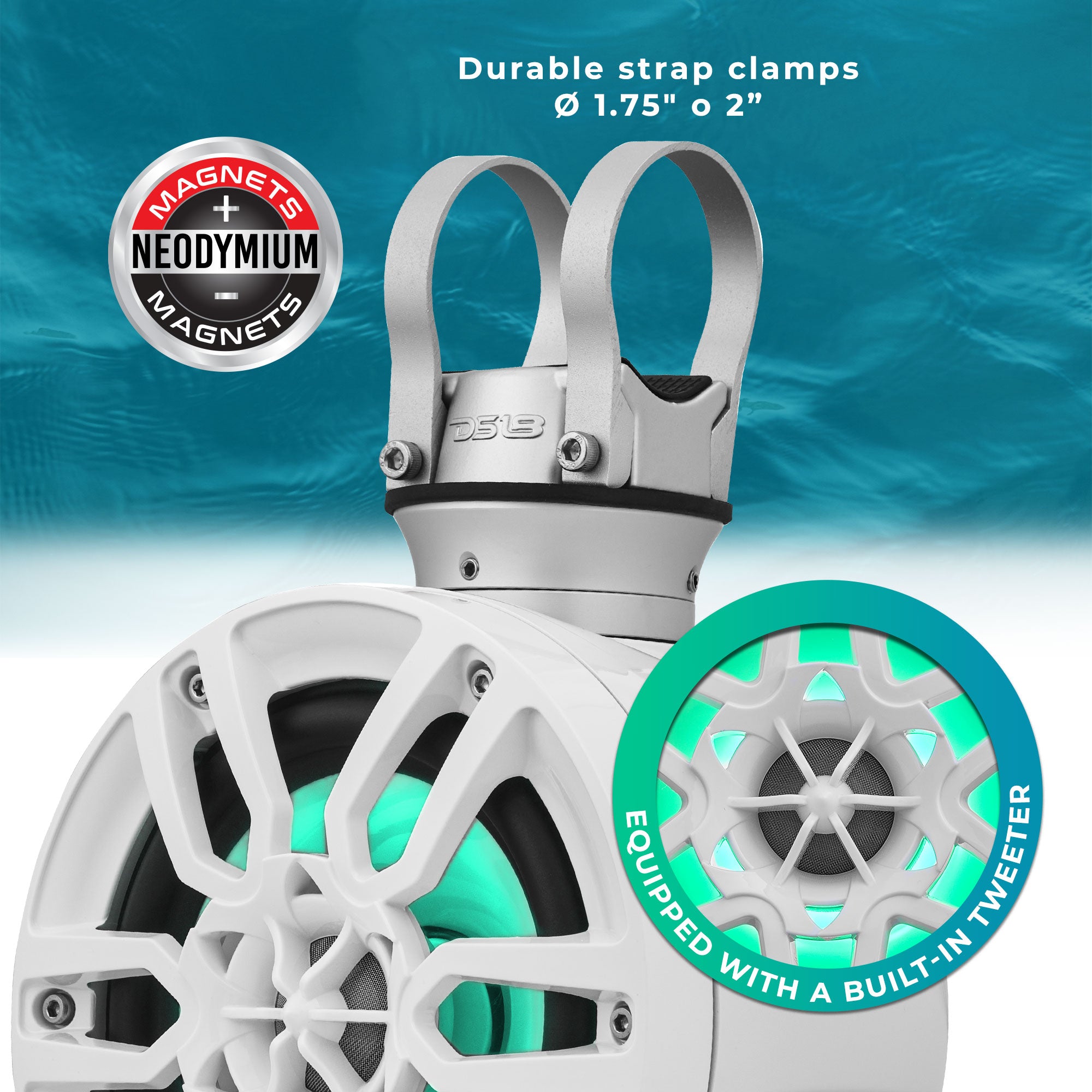 DS18 NXL-PS8W NXL 8" Pod 375W Speaker with Integrated RGB LED Lights (Pair) - Perfect for Jet Skis – White