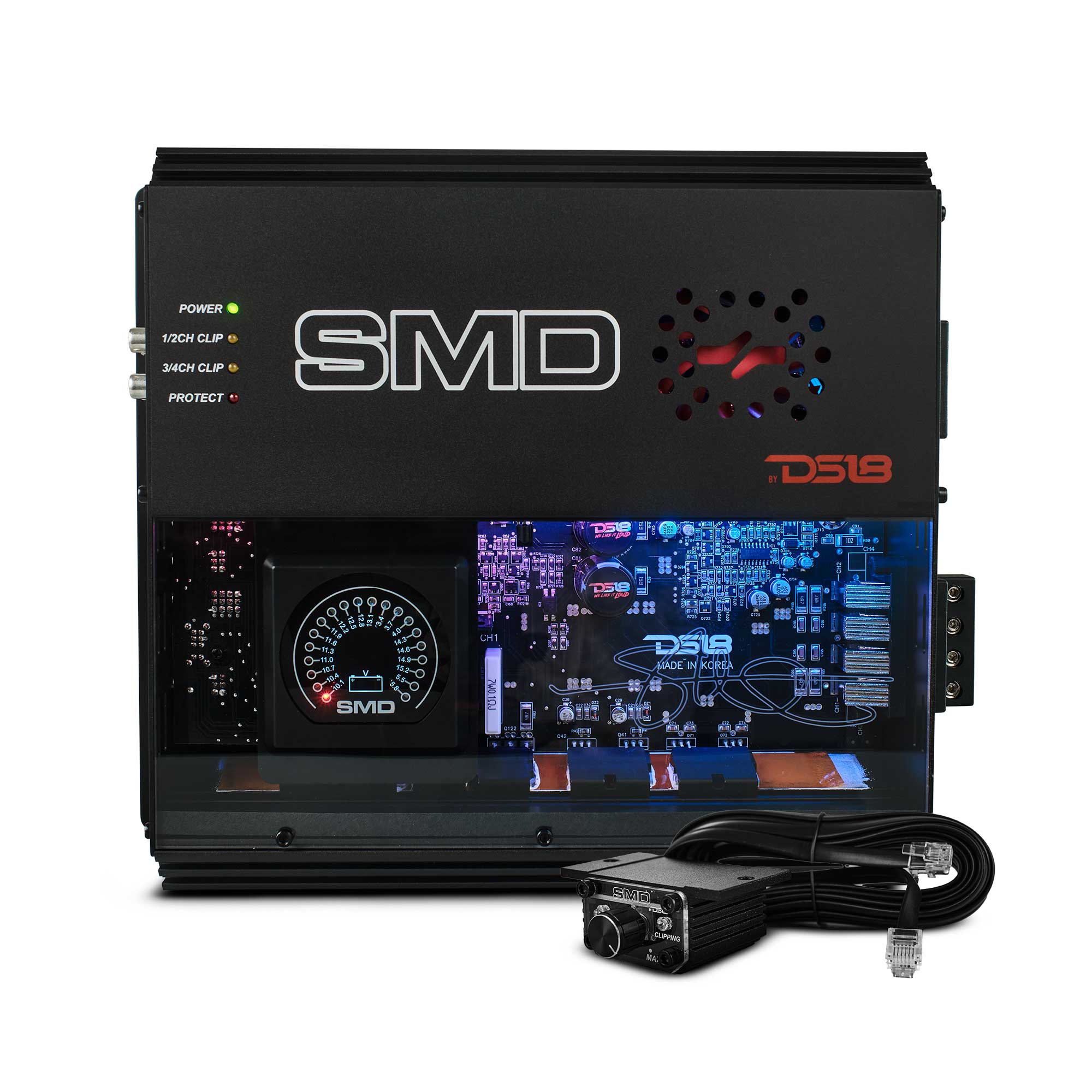DS18 SMD-200.4AB SMD 4-Channel Class AB Amplifier with VM-1 Voltmeter and Digital LED Lights 4 x 200W at 2-ohm - Steve Meade Designs
