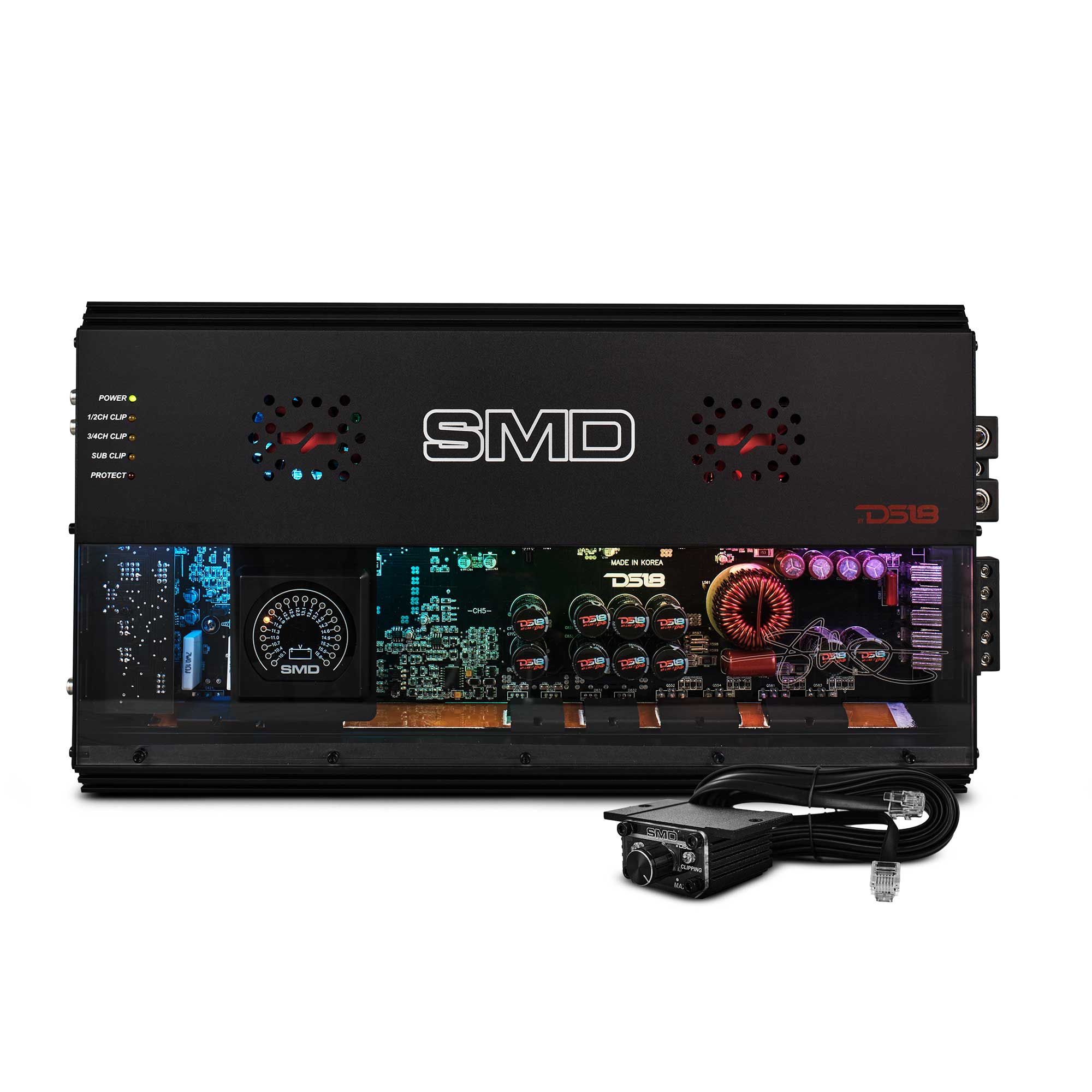 DS18 SMD-2800.5 SMD 5-Channel Amplifier with VM-1 Voltmeter and Digital LED Lights 4 x 250W at 2-Ohm Class AB + 1 x 1800W at 1-Ohm Class D…