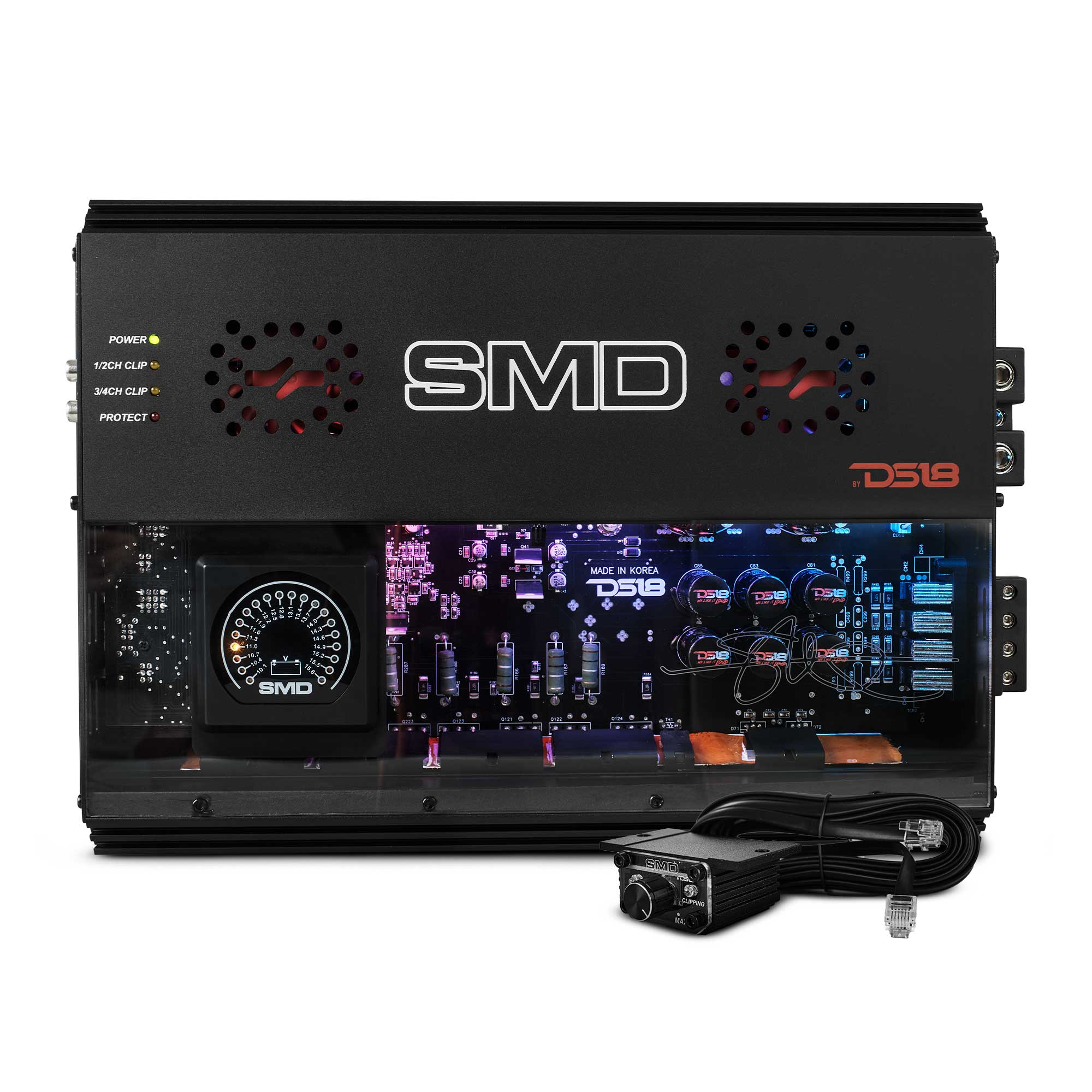 DS18 SMD-300.4AB SMD 4-Channel Class AB Amplifier with VM-1 Voltmeter and Digital LED Lights 4 x 300W at 2-Ohm - Steve Meade Designs