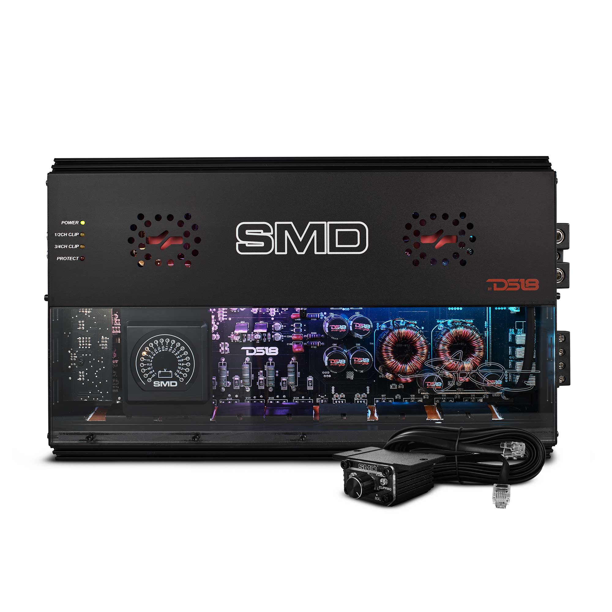 DS18 SMD-500.4AB SMD 4-Channel Class AB Amplifier with VM-1 Voltmeter and Digital LED Lights 4 x 500W at 2-Ohm - Steve Meade Designs